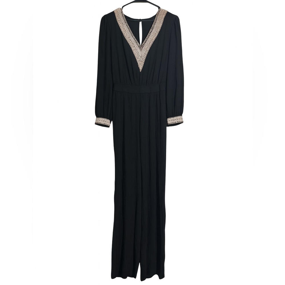 Black‎ long sleeve straight legged jumpsuit women’s small NWOT crochet trim boho